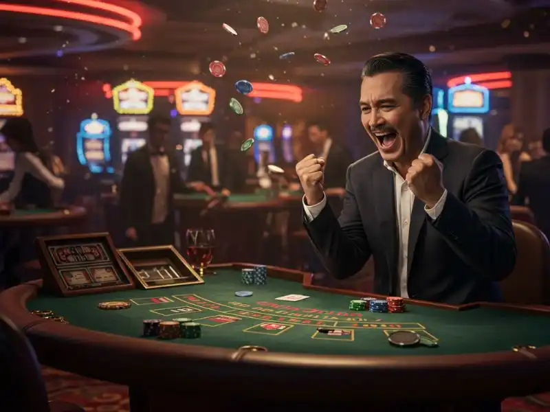 Viva Max moment capturing a joyful casino win as players celebrate around a roulette table in a vibrant, luxurious setting