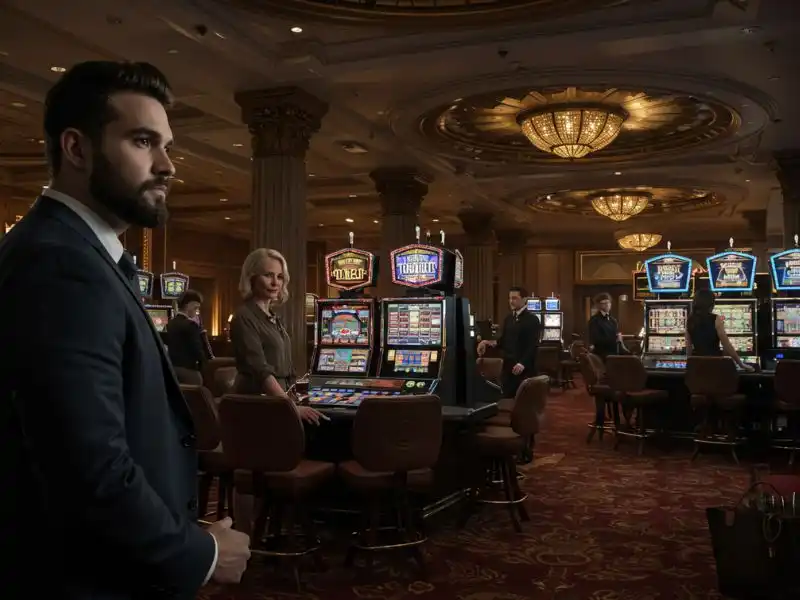 Viva Max scene showing a tense moment in a luxurious casino with slot machines and sharply dressed characters