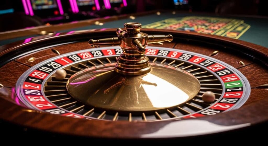 Roulette wheel spinning with dramatic neon casino atmosphere