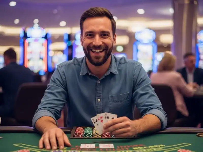 Calm poker player smiling at the table in ahass vivamax themed casino with VMWIN