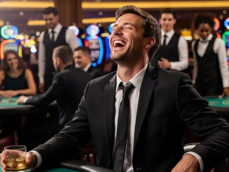 Joyful casino player holding chips in a best online casino PH themed image