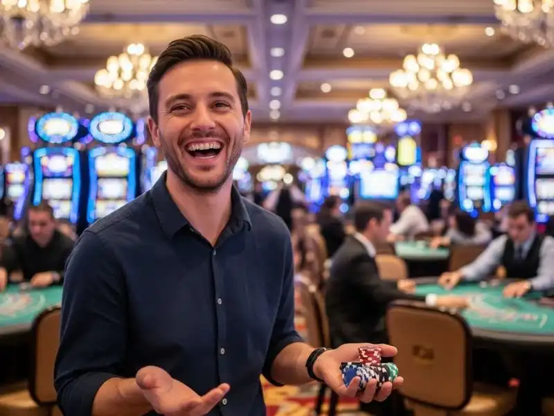 Joyful casino player holding chips representing casino cash in 50 pesos gameplay