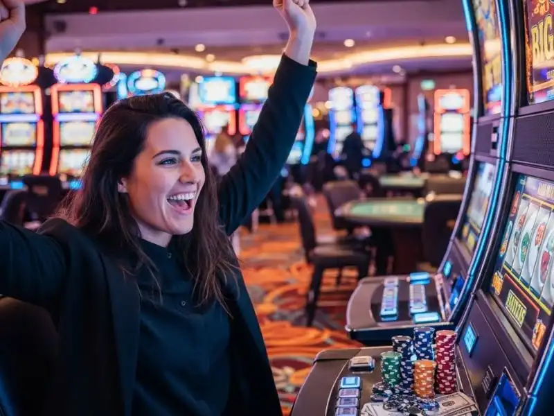 Happy slot machine player enjoying gameplay in a crypto casino Philippines setting
