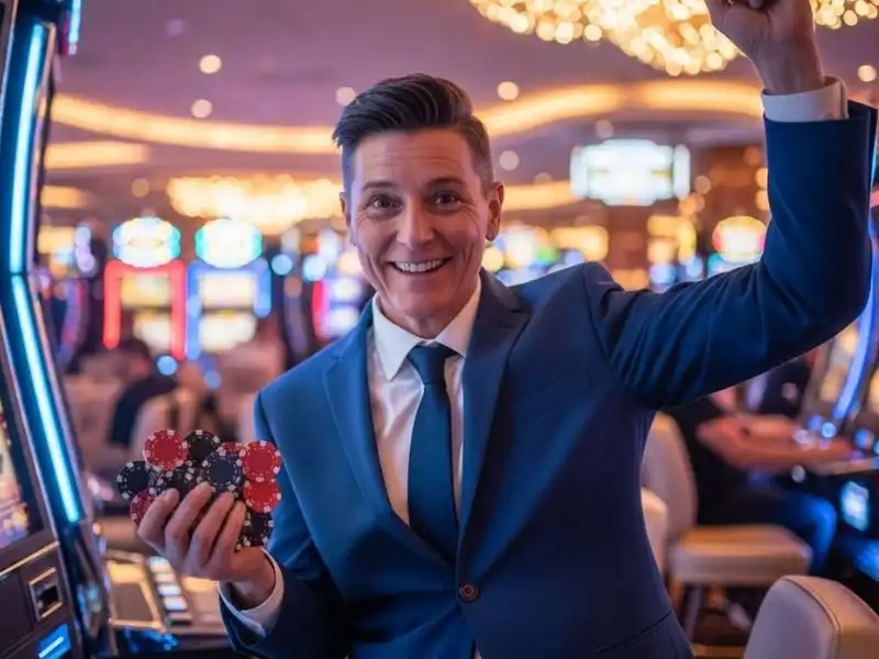 Happy casino player standing while holding chips at fair play casino PH