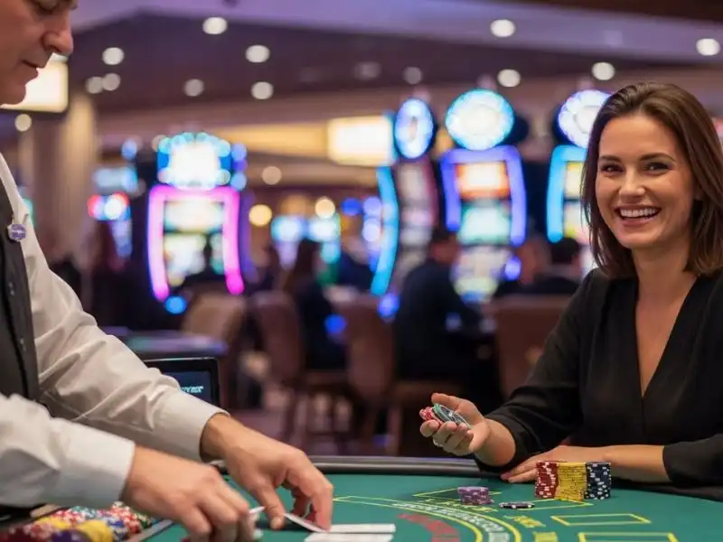Calm poker player smiling at the table in free spins casino Philippines setting