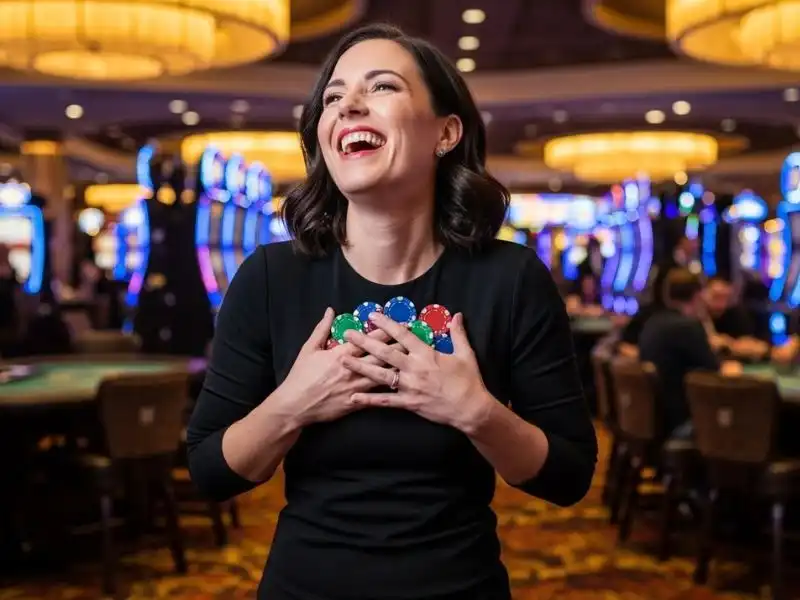 Standing happy player holding casino chips in haliparot vivamax themed scene with VMWIN