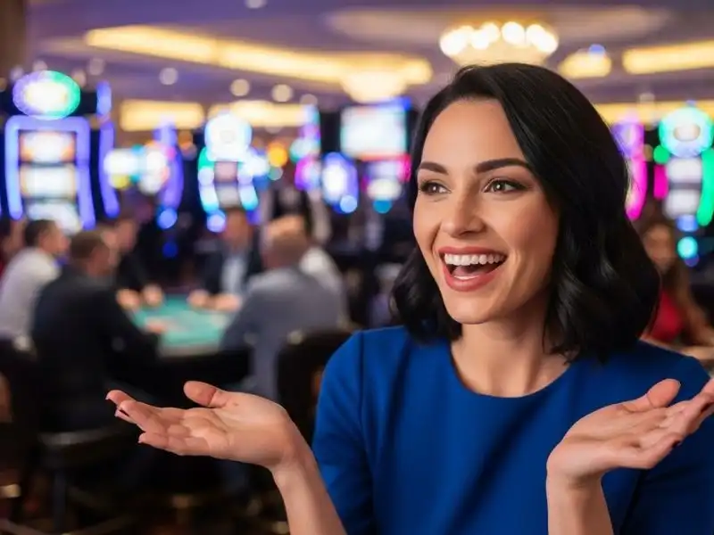 Standing joyful casino guest inside a casino environment related to slots in the Philippines