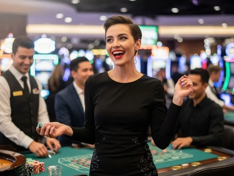 Joyful casino winner at a slot machine during live baccarat online PH gameplay on VMWIN