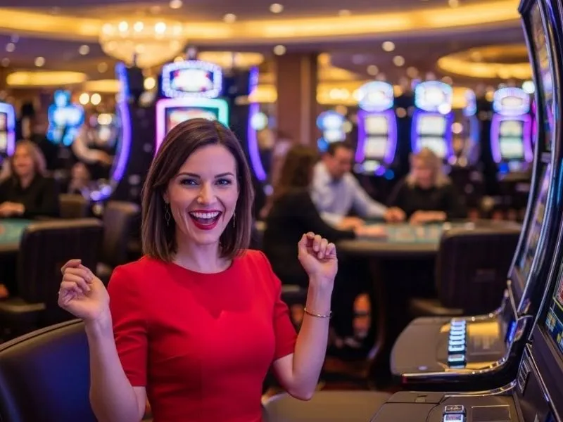Happy slot machine player enjoying gameplay in an online casino Philippines environment