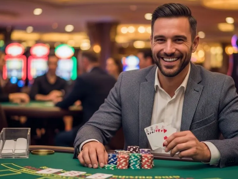 Happy poker hand winner celebrating at PAGCOR licensed casinos