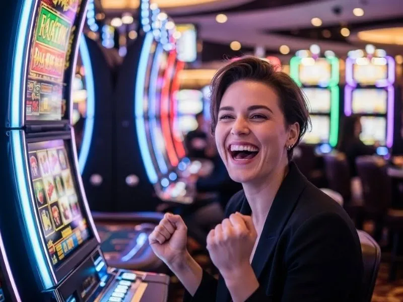 Happy jackpot winner holding casino chips in a PGSoft slot games scene