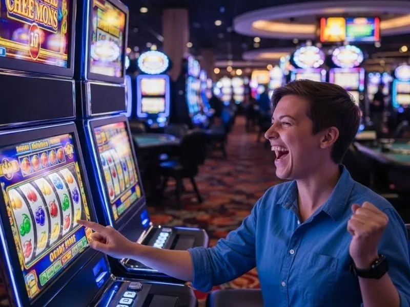 Joyful casino player holding chips in a real money casino Philippines setting by VMWIN