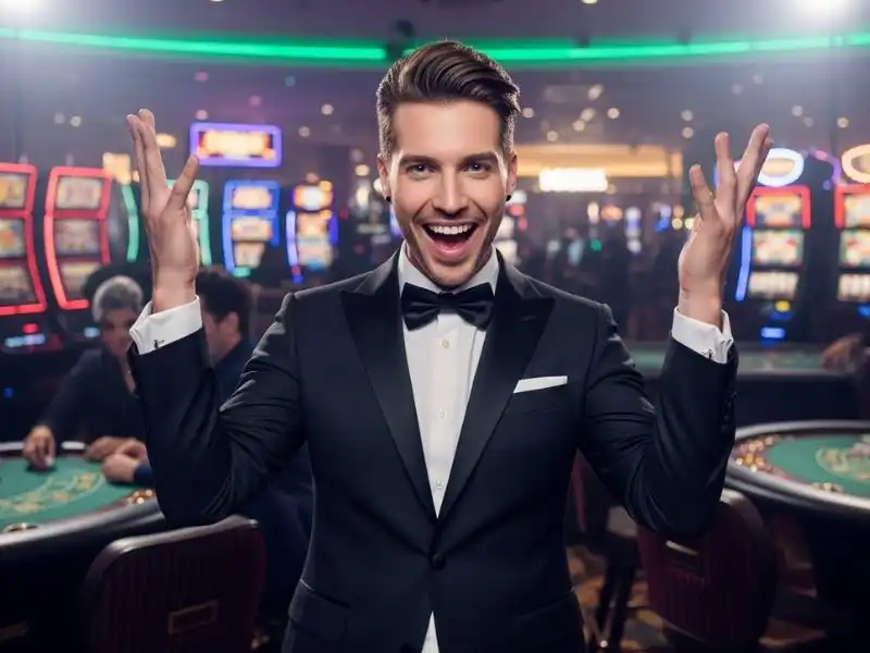 Smiling person standing inside a casino representing safe casino sites in the Philippines