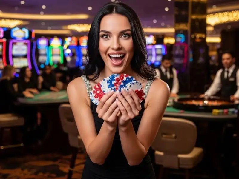 Smiling baccarat casino player seated comfortably during upuan vivamax themed gameplay with VMWIN visuals