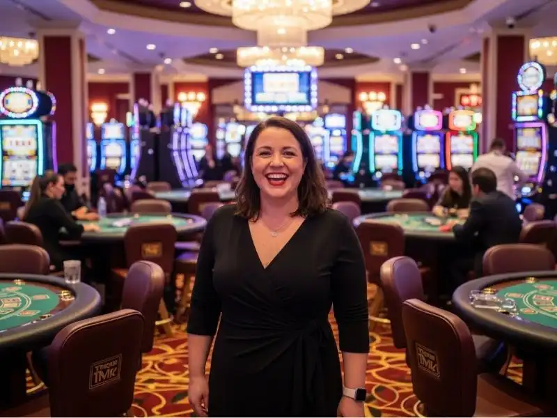 Smiling person standing in a casino environment reflecting vivamax sugapa with VMWIN style