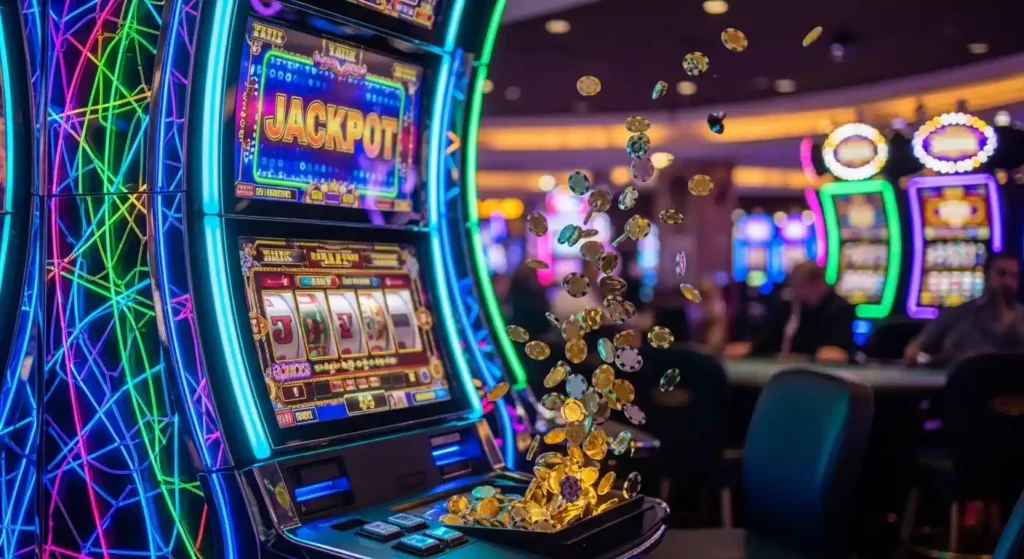 Viva Max Stars jackpot slot machine with neon casino lights and winning coins explosion