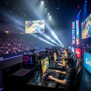 e-sports tournaments and leagues featuring professional gamers competing in a virtual arena