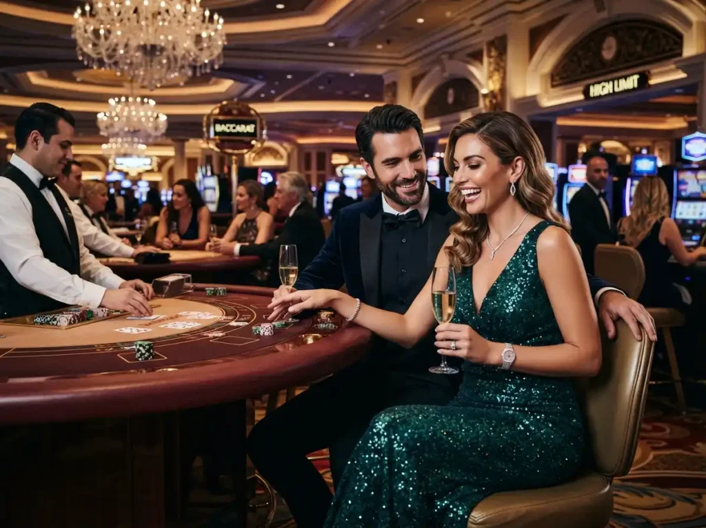 Spin PH Casino couple enjoying an elegant evening inside a luxury casino while playing table games.