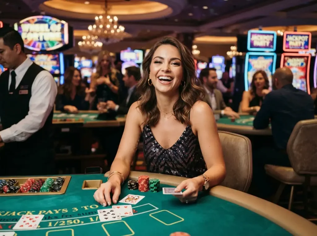 Stylish female player smiling at the camera while enjoying the lively atmosphere at a Spin PH Casino venue.