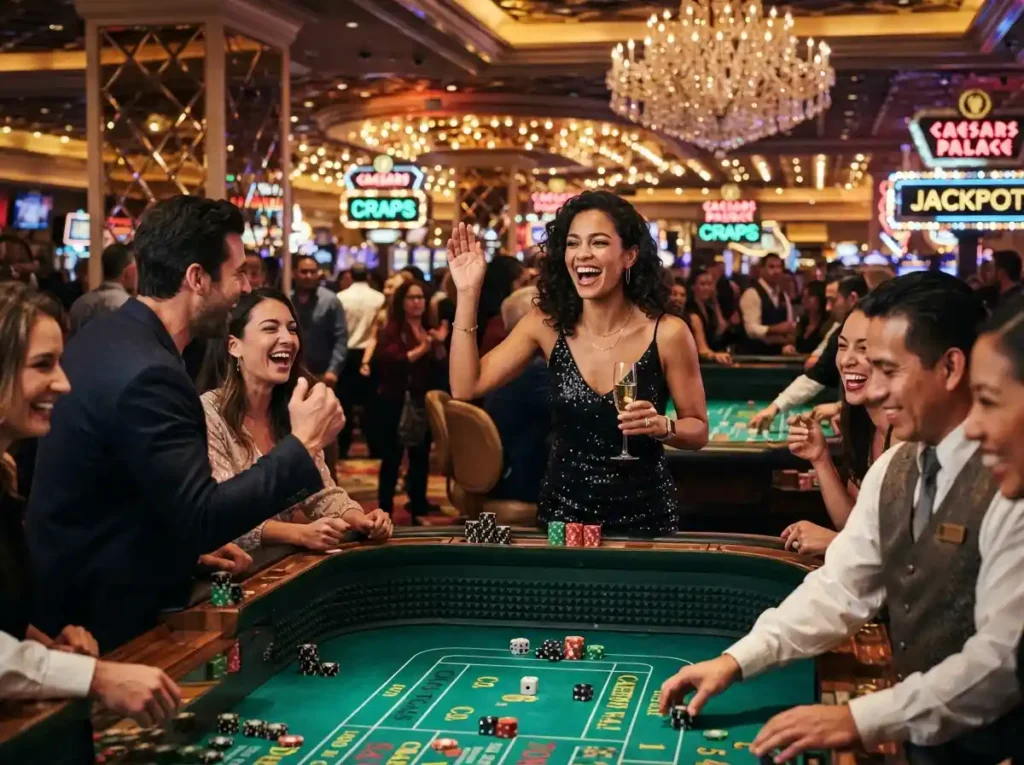 Stylish woman enjoying a lively evening at a Spin PH Casino with colorful gaming lights in the background