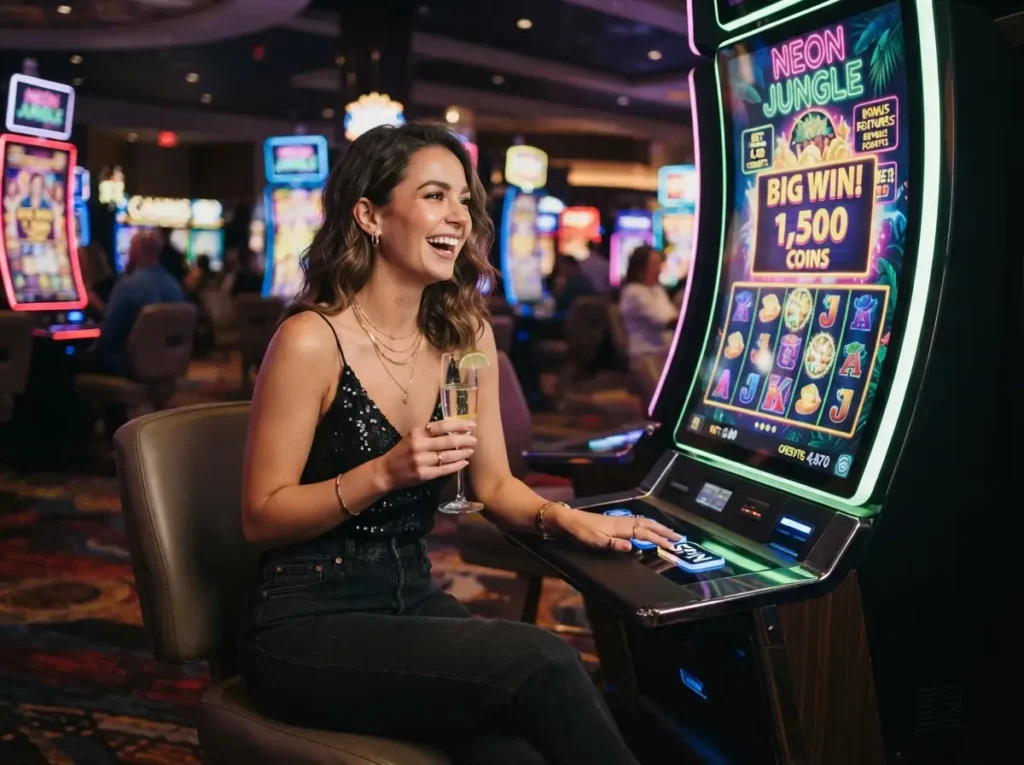 Stylish woman enjoying modern slot games at a luxury Spin PH Casino venue