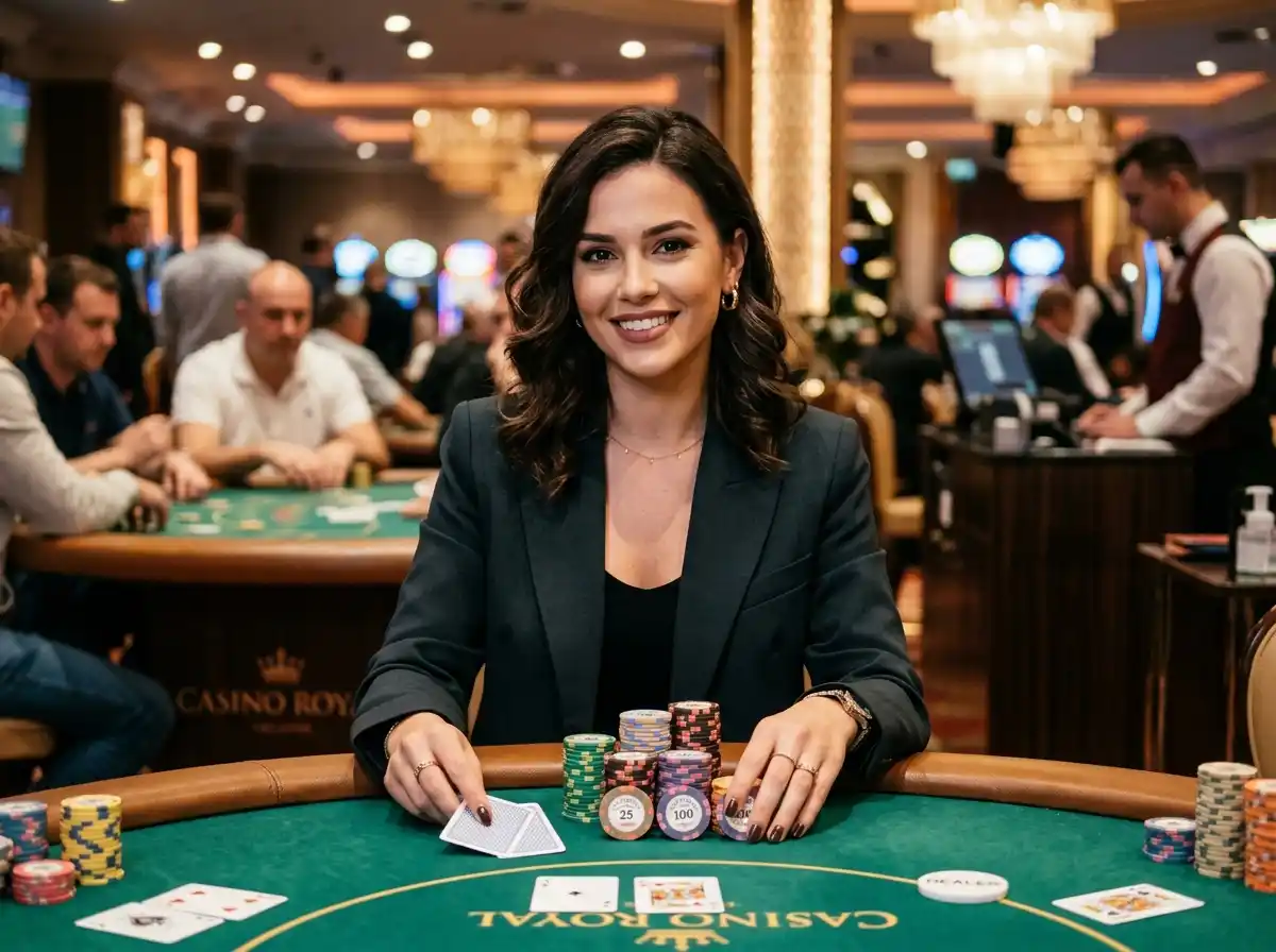 Stylish female guest holding chips and cards inside a luxury casino, inspired by the thrilling atmosphere of 55x casino online gaming