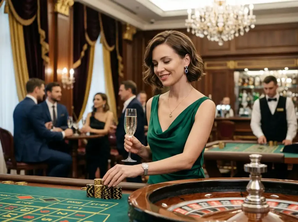 Elegant player enjoying a luxury casino experience inside a real gaming venue, inspired by the premium atmosphere of 55x casino online entertainment