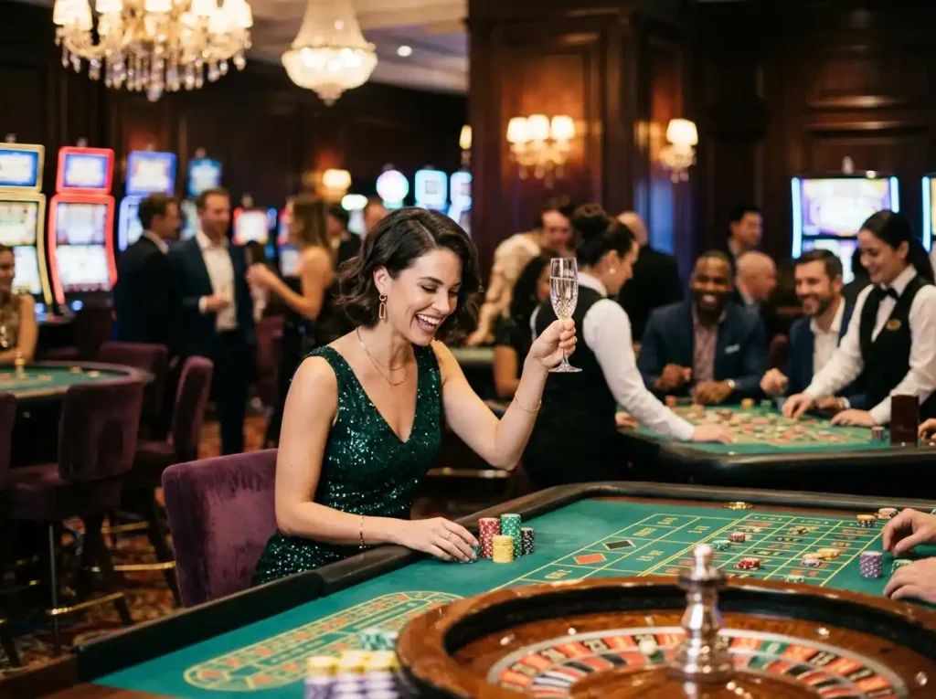 Stylish female player enjoying a luxurious real casino atmosphere, inspired by the excitement of 55x casino online gaming
