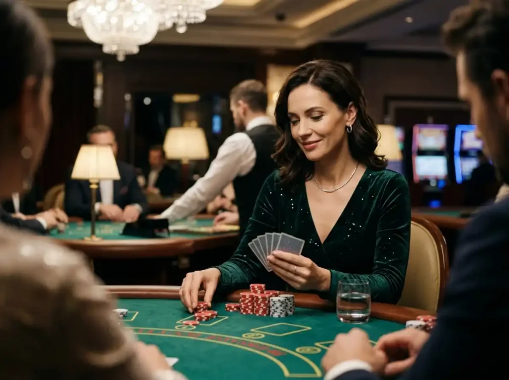 Glamorous female player holding cards at a real casino table game, styled to reflect the exciting atmosphere of 55x casino online gaming