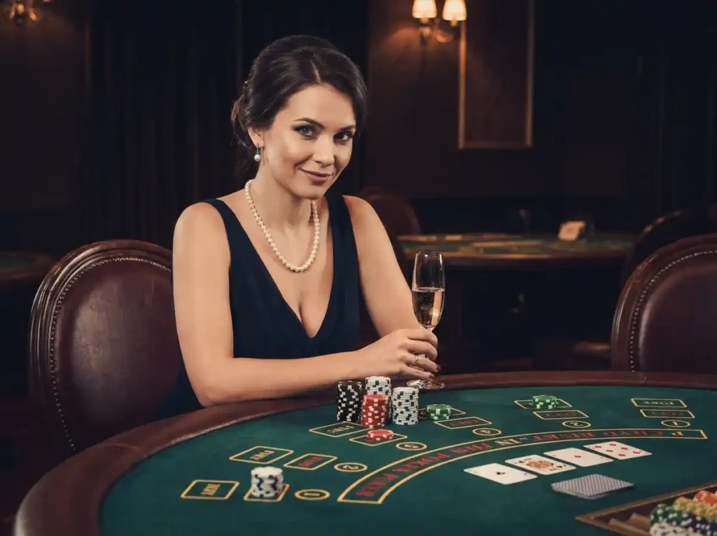 Chic casino guest playing at a poker table inside a real casino, connected to online casino slot machine jackpot Philippines experience, looking at camera.