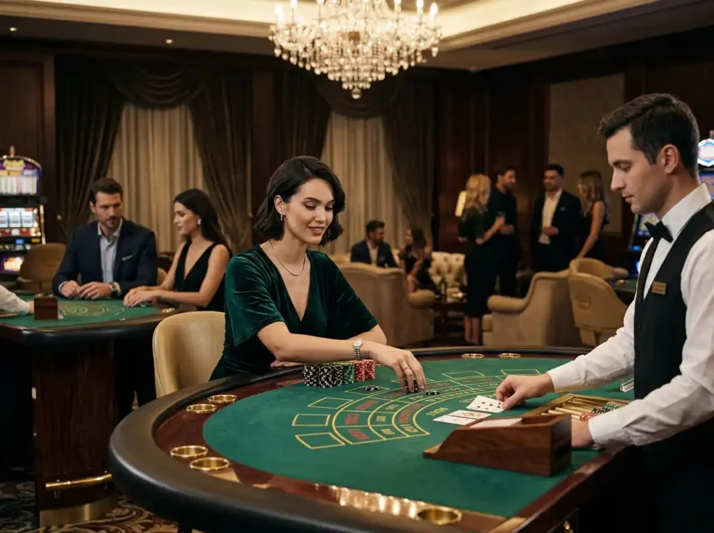 Stylish woman playing at a luxury casino table inside a real casino setting while engaging with 777 online casino games in a high-end gaming atmosphere.