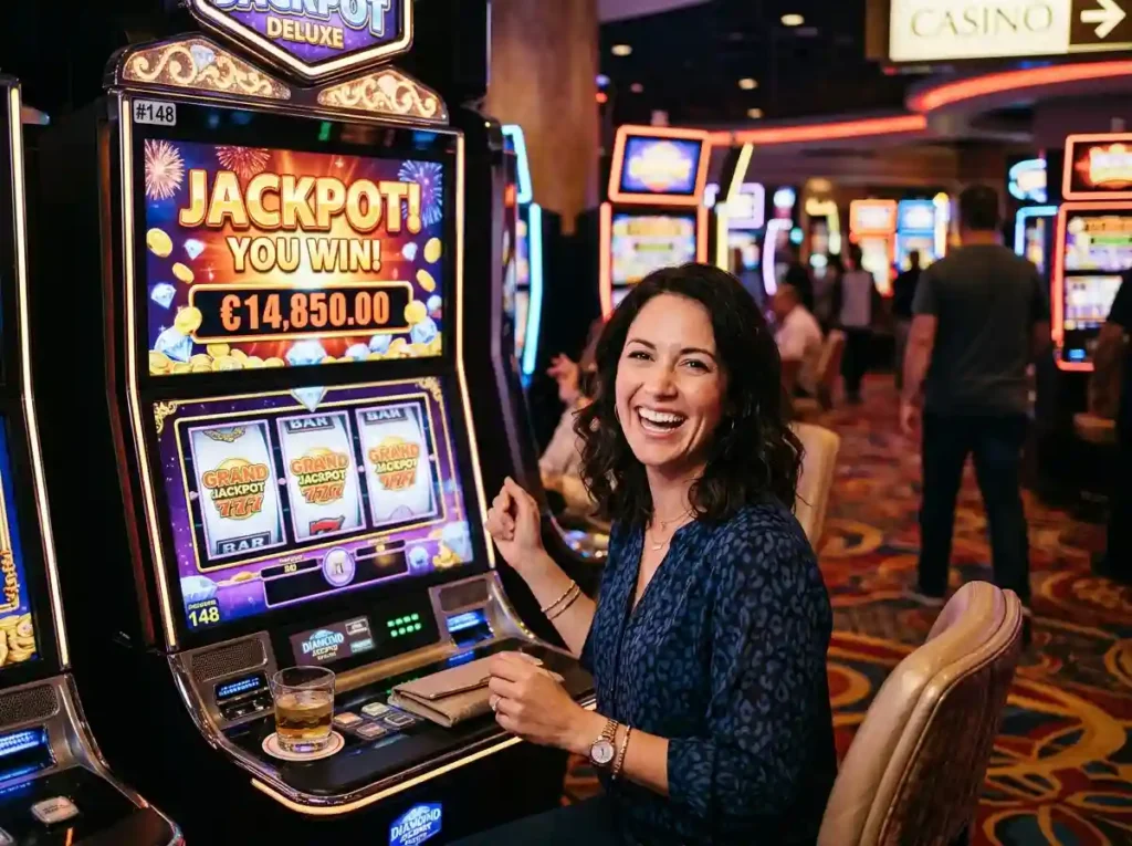 Woman facing camera in a real casino after a slot machine win, celebrating for 777 online casino promotion