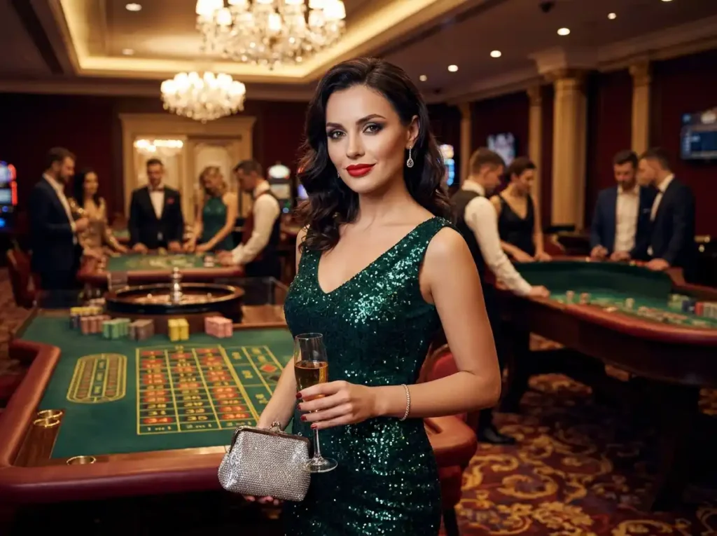 Woman inside a real casino playing slot machines while exploring 777 online casino entertainment in a stylish gaming environment.