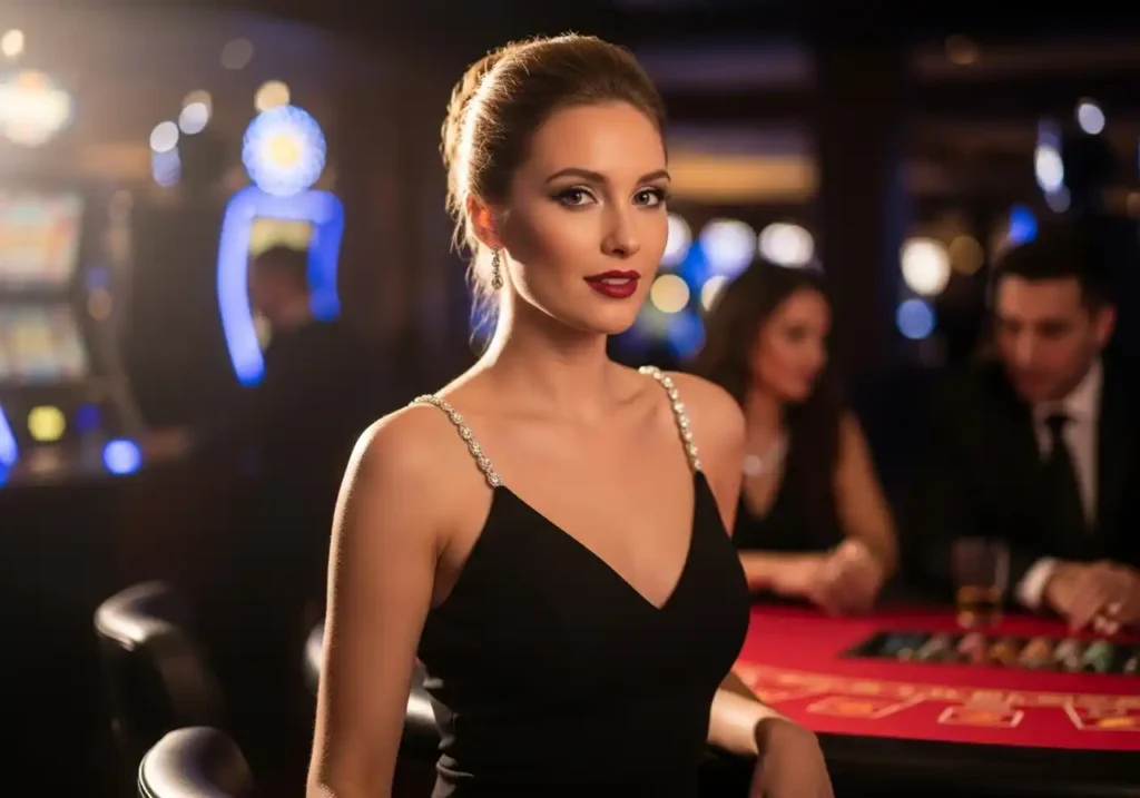 Arenaplus casino chic casino guest in a real casino looking at camera, stylish player enjoying the vibrant gaming floor ambiance