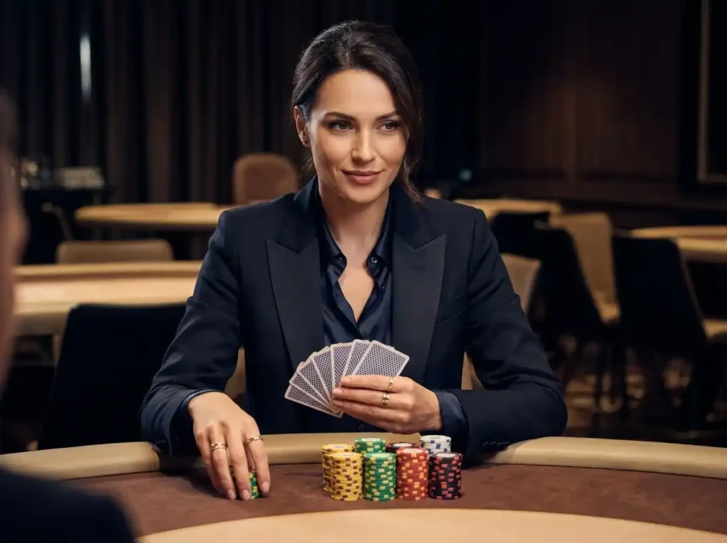 Arenaplus casino female player with chips and playing cards, front view inside a real casino table game setting