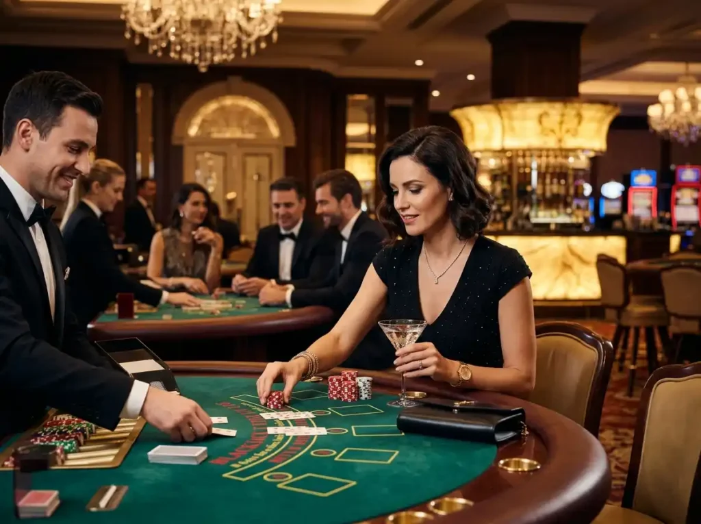 Stylish female gambler playing poker at a real casino table, reflecting the excitement and atmosphere associated with arenaplus casino online gaming experience.