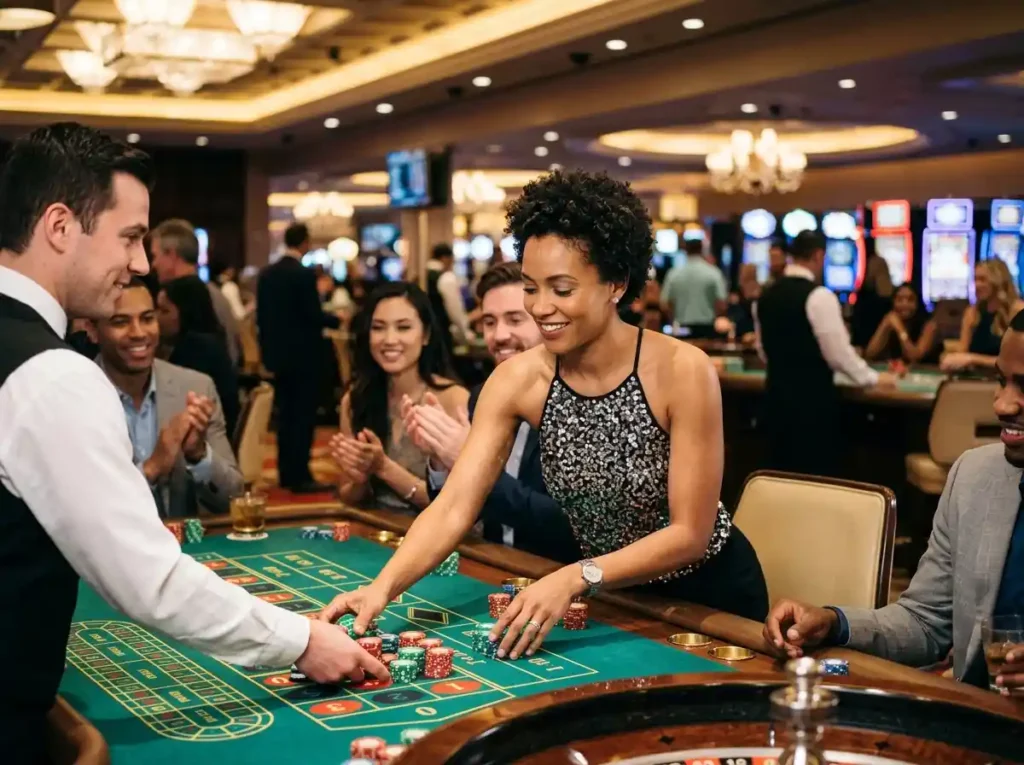 Woman winning chips at a casino table inside a lively casino environment, highlighting the experience of playing with arenaplus casino.