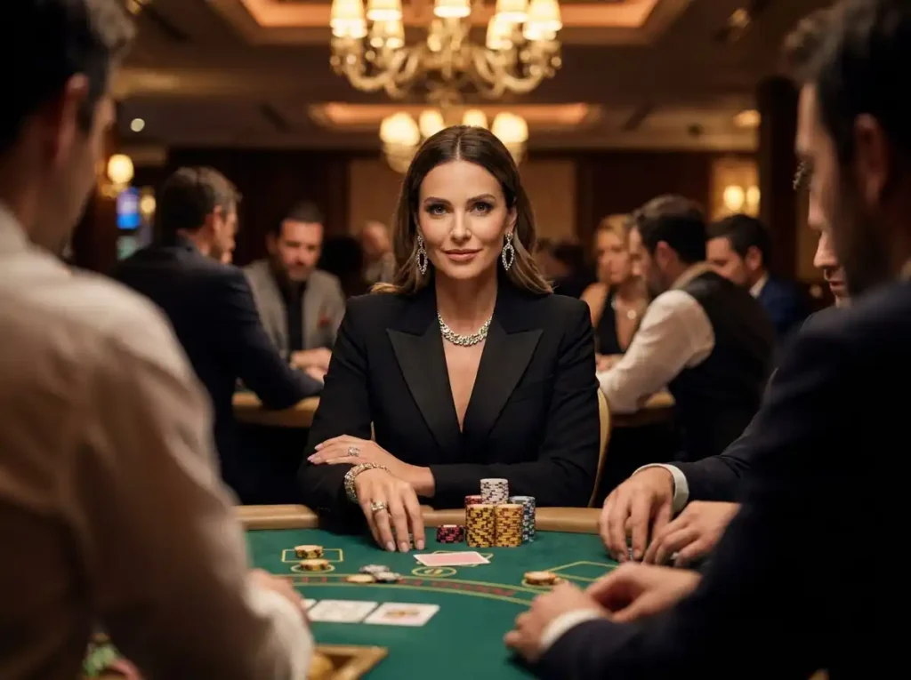 Chic female guest in a real casino at a poker table looking at the camera, highlighting big slot wins in an online casino setting.