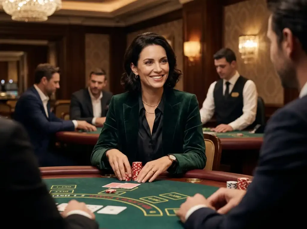 Elegant woman smiling at a poker table inside a real casino, reflecting big slot wins in an online casino environment