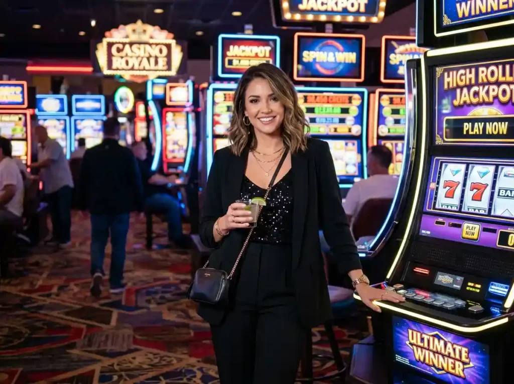 Stylish woman inside a real casino playing a slot machine, representing big slot wins excitement in an online casino