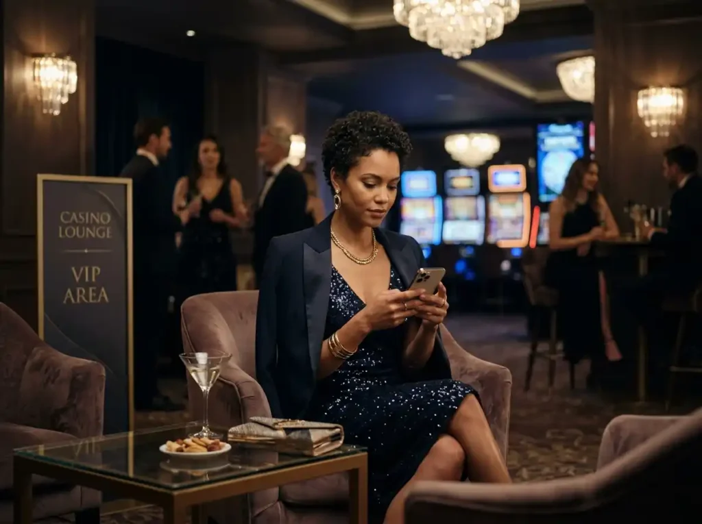 Stylish woman playing online casino slots on her phone inside a real casino lounge, experiencing big slot wins while enjoying a modern gaming atmosphere.
