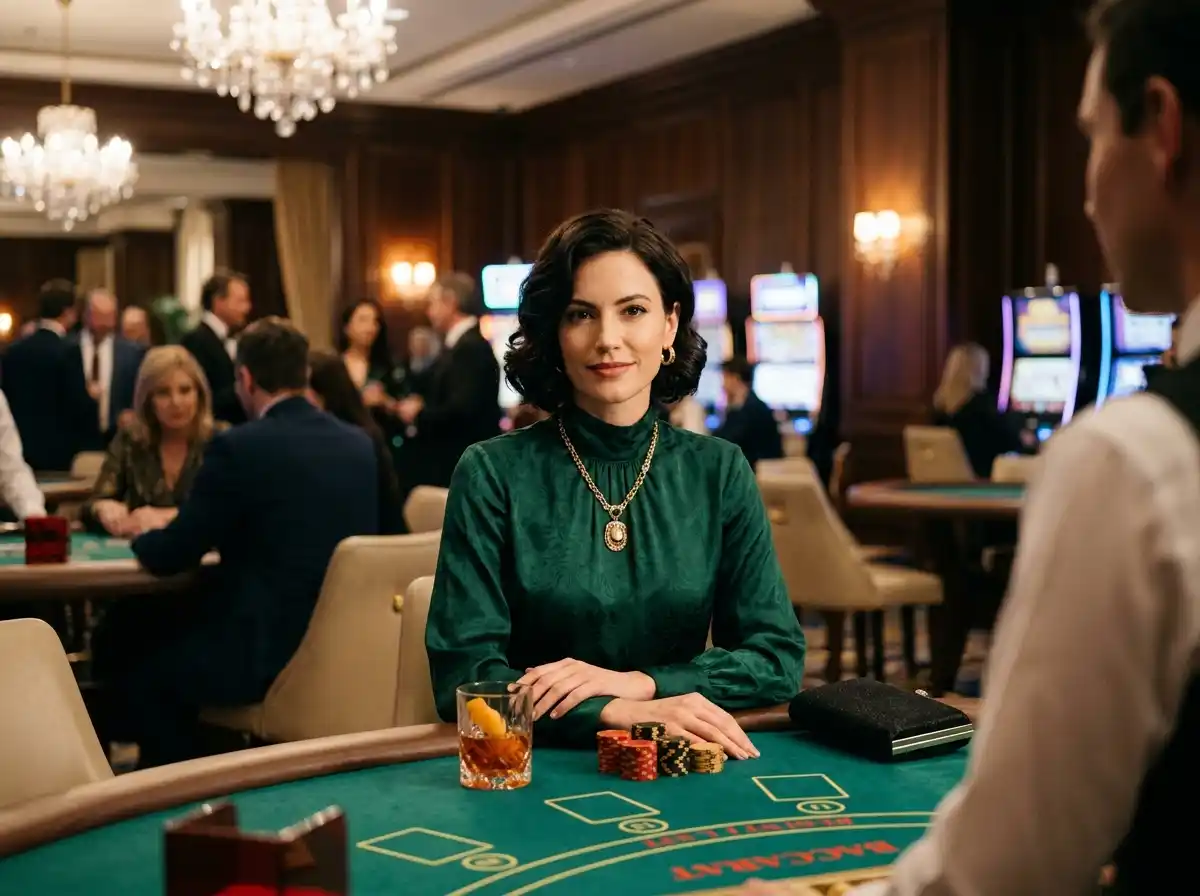 Elegant casino guest facing front while playing a table game in a real casino, inspired by the excitement of bingo 777 slot online casino gaming