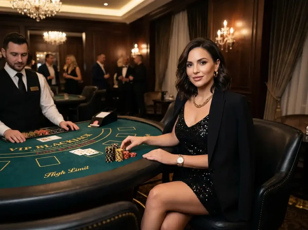 Fashionable woman at a VIP blackjack table inside a luxury casino, styled to represent the excitement of bingo 777 slot online casino gaming
