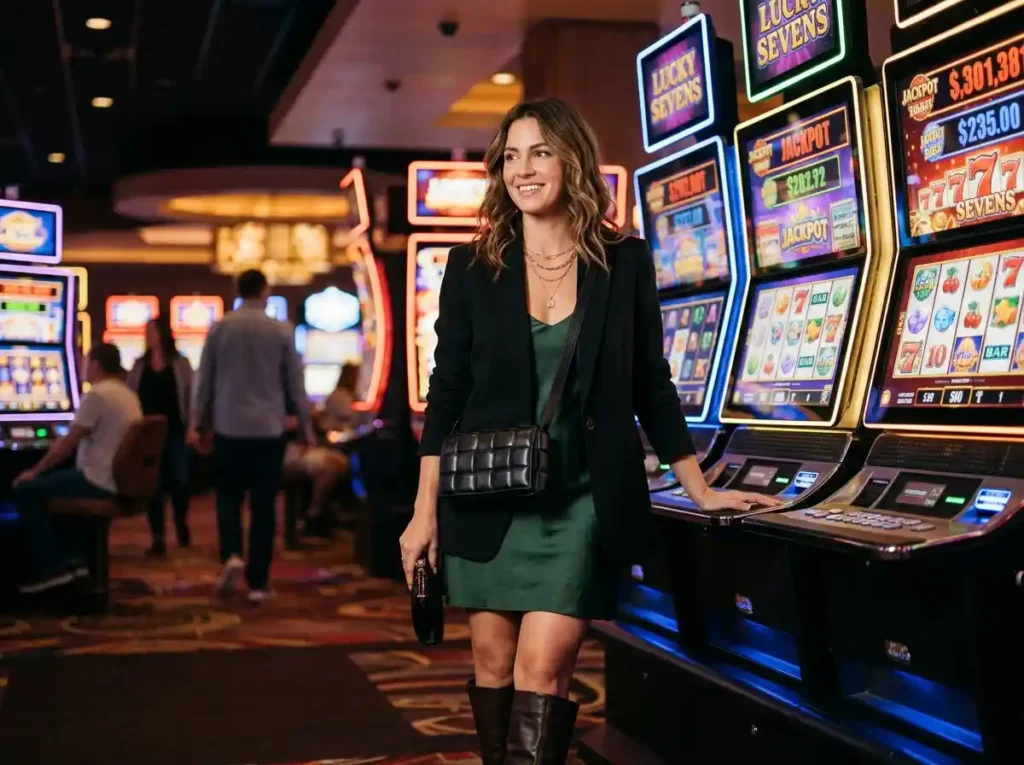 Fashionable woman inside a luxury casino with glowing slot machines, inspired by the excitement of bingo 777 slot online casino games