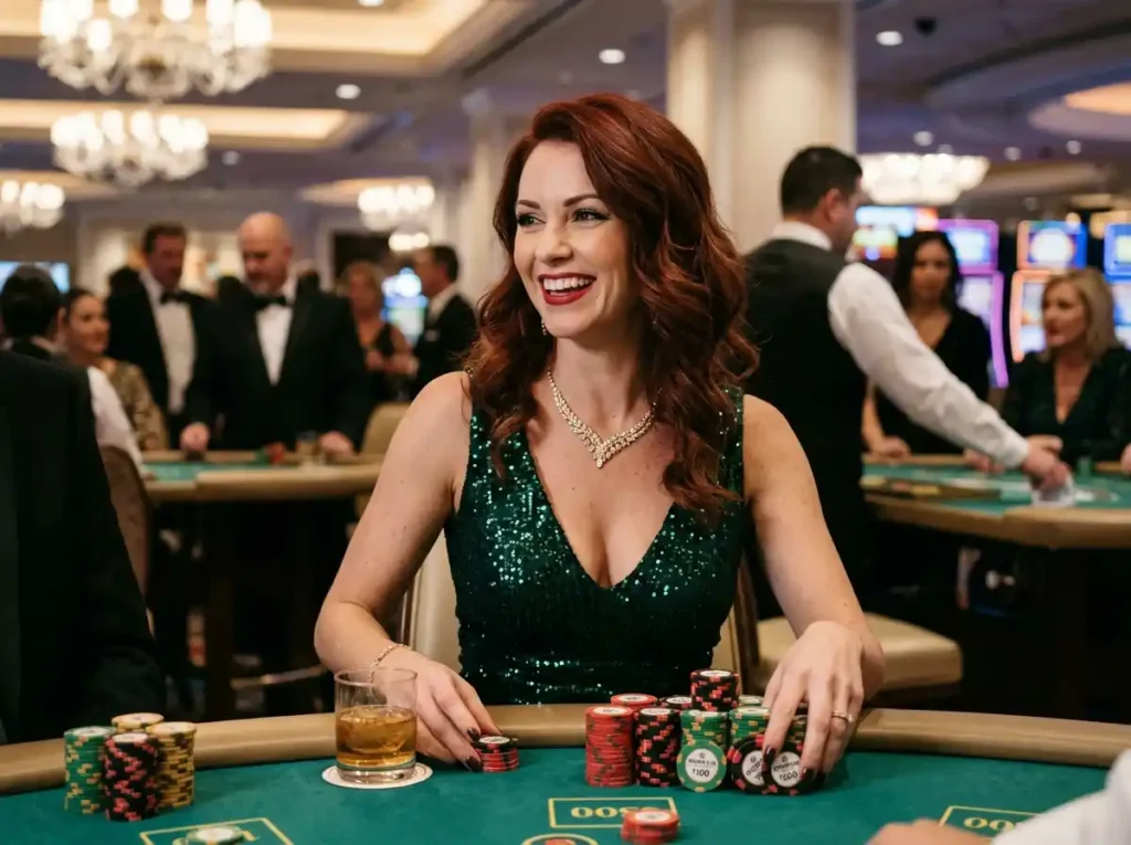 Glamorous woman holding casino chips at a real casino table, capturing the exciting atmosphere connected to bingo 777 slot online casino gaming