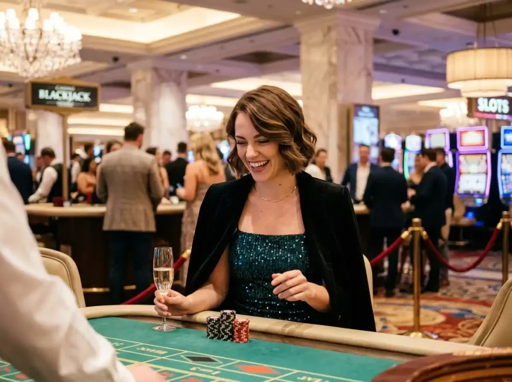Stylish female player enjoying a vibrant casino atmosphere, representing the excitement and entertainment often associated with casino bingo games at online casino platforms