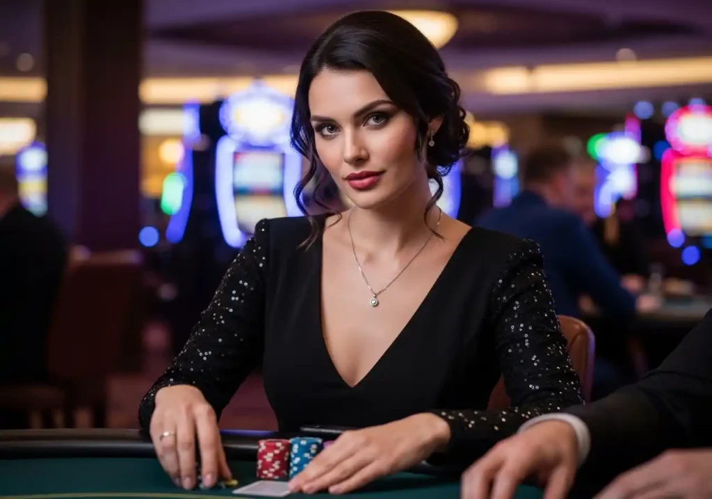 casino bingo player enjoying elegant casino nightlife inside a real casino, reflecting the excitement of casino bingo in an online casino experience