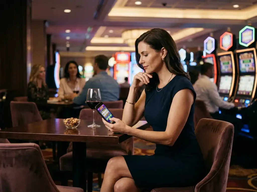 Elegant woman playing mobile slots inside a real casino, enjoying casino bingo gameplay on her phone in an online casino setting.
