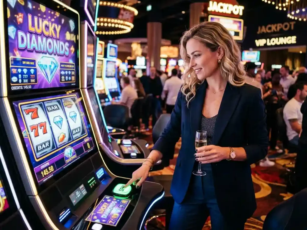 Stylish woman playing slot machine inside a real casino, enjoying a casino bingo online casino game experience while pressing the machine button