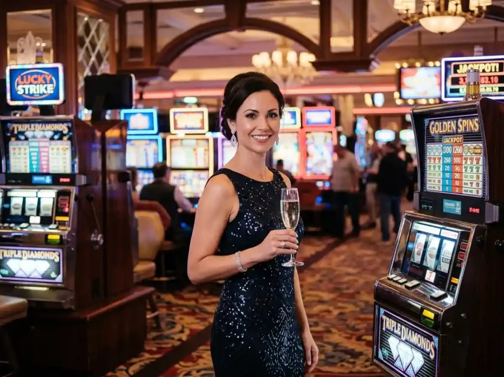 Elegant player standing at a real casino slot machine area, enjoying the immersive atmosphere of the dragon slot machine in an online casino-inspired gaming experience.